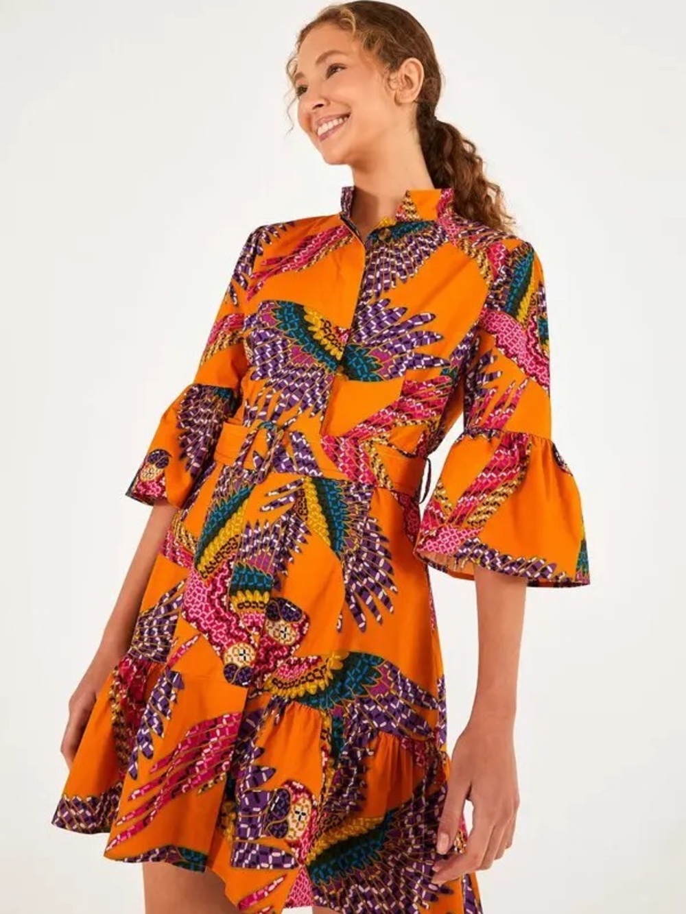 FARM Rio Orange Multicolor Printed Bell-Sleeve Mini Dress